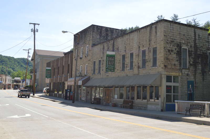 Front of the Hindman Ben Franklin, located at 16 W. Main Street (Kentucky Route 550) in Hindman, Kentucky, United States.  Built in 1914 and formerly occupied by a part of the Ben Franklin chain, it is listed on the National Register of Historic