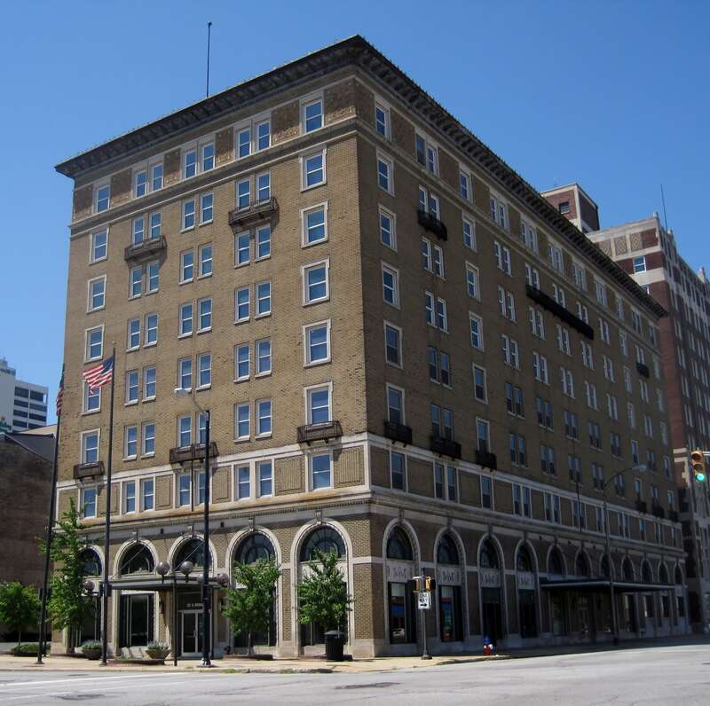 The LaSalle Hotel in South Bend, IN (1921). It replaced an 1840 hotel, the Sheridan House. The hotel had 233 rooms and several dining rooms for local club use. It was across the street from the Chicago, South Bend &amp;amp; South Shore Railroad station.