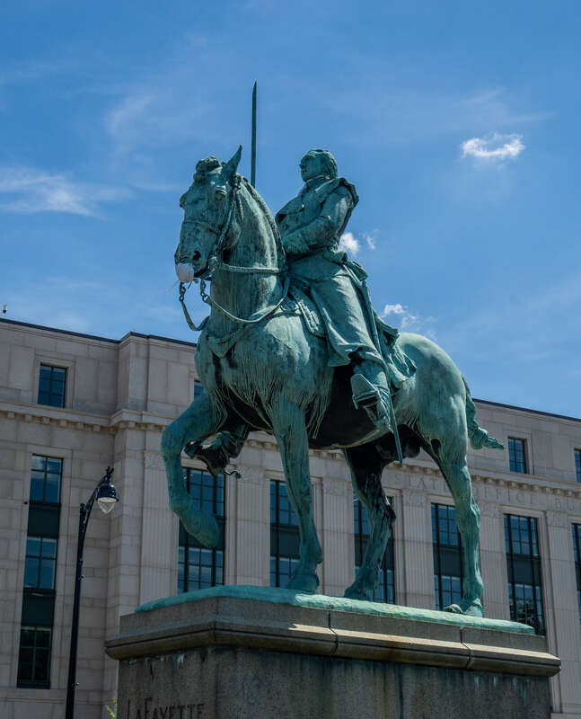 Lafayette Statue in Hartford, Connecticut, dedicated 1932. By sculptor Paul Wayland Bartlett, is a copy of a 1907 statue in Paris. The horse wears a (temporary) COVID-19 protective mask.