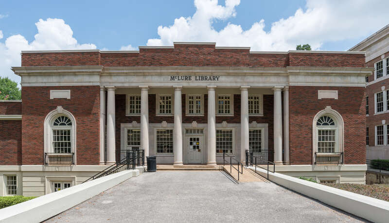 A south view of McLure Library, located on the campus of the University of Alabama, Tuscaloosa