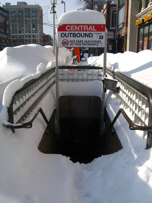 One of the outbound entrances to Central Square station in February 2015, after a major snowfall closed the city