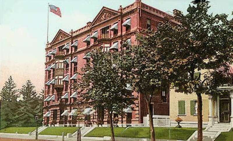 Rockingham Hotel, Portsmouth, NH; from a 1911 postcard.  Built in 1885 by Frank Jones after the landmark old building was largely destroyed by fire, the Rockingham Hotel was the city's grandest.  It is now a condominium.