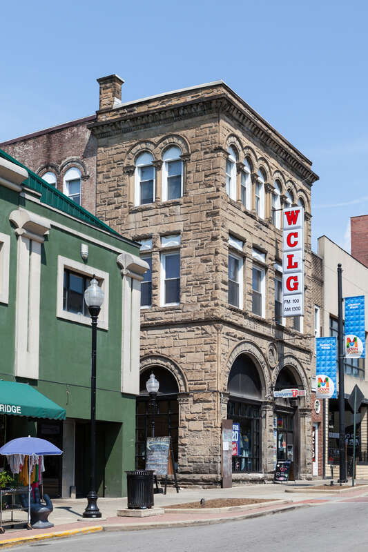 Studio building of WCLG and WCLG-FM, at 343 High Street in Morgantown, West Virginia.