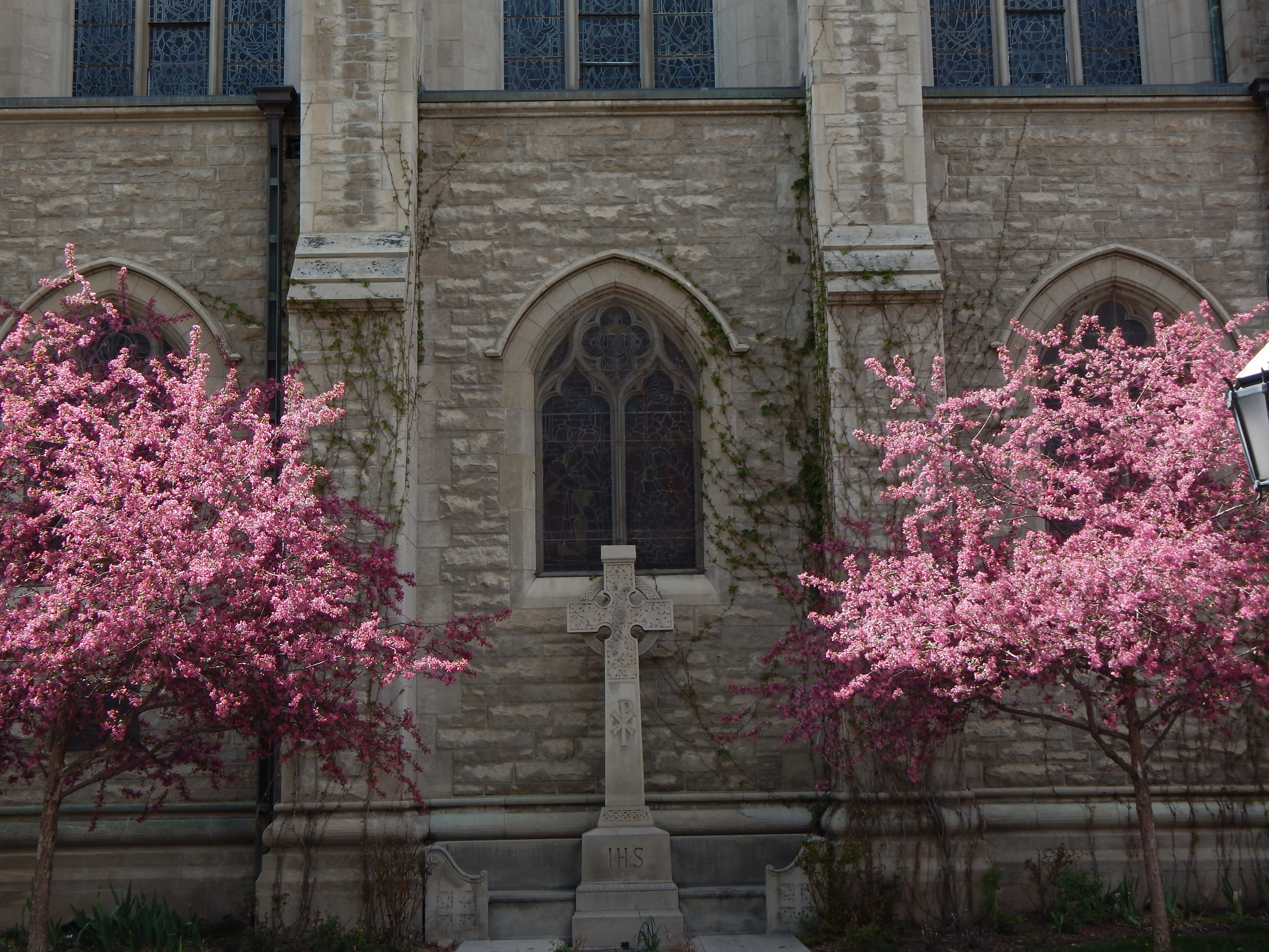 The high cross on the east wall of the cathedral marks the grave site of Dean H. Martyn Hart, the builder and first dean of the Cathedral.