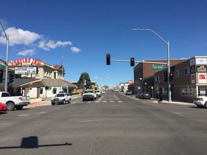 View northeast along Idaho Street (Interstate 80 Business) at the east end of Nevada State Route 535 and the intersection with 5th Street (Nevada State Route 227) in Elko, Nevada