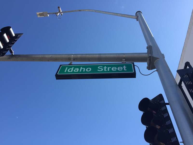 Sign for Idaho Street (Interstate 80 Business) at the east end of Nevada State Route 535 and the intersection with 5th Street (Nevada State Route 227) in Elko, Nevada