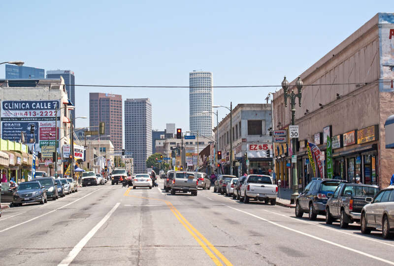 Looking east on 7th Street towards Downtown Los Angeles, from the intersection of 7th and Alvarado Streets, in the Westlake neighborhood.