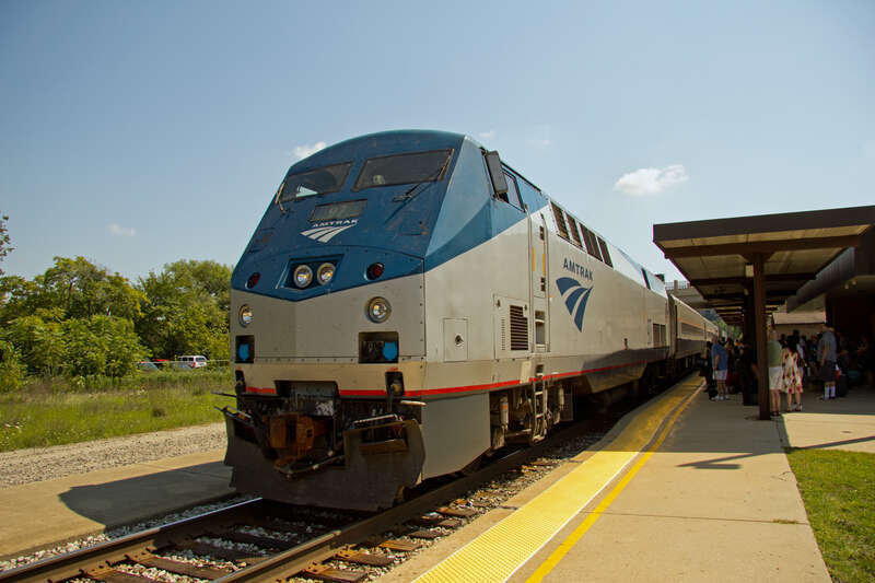 Amtrak Train 353 (Wolverine Service) pulls into the Ann Arbor station on a recent sunny Saturday.  Wolverine Service operates 3 times a day each way between Chicago, IL and Pontiac, MI.