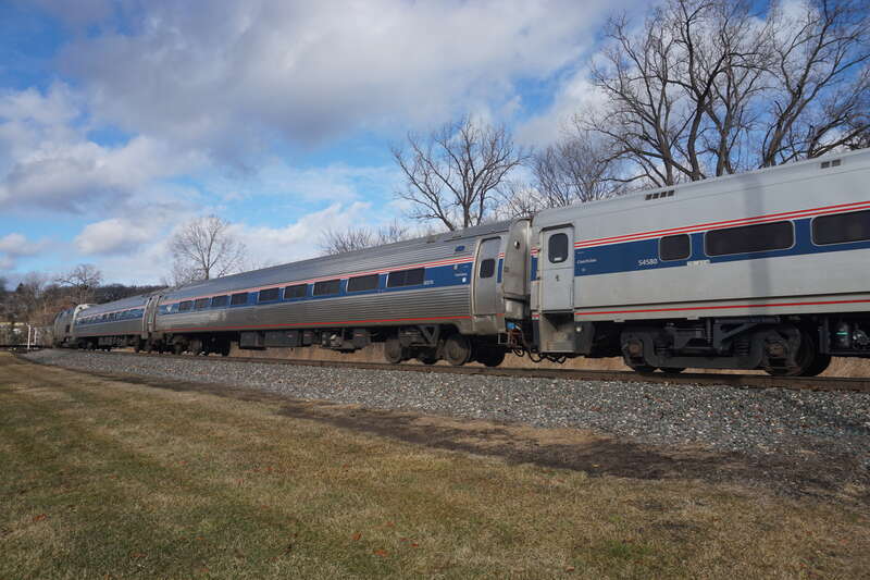 Amtrak's Wolverine, led by GE P42DC #68 and pushed by GE P42DC #59, at Ann Arbor Station in Ann Arbor, Michigan (United States).