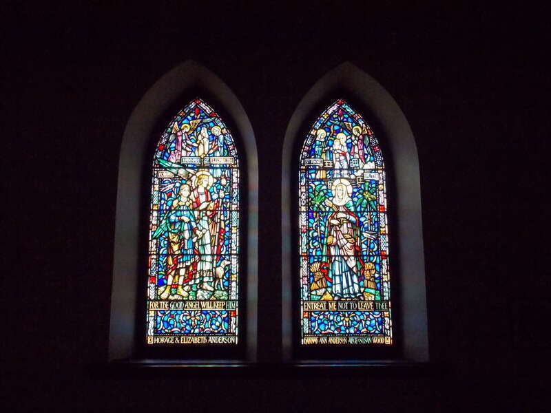 Two of the stained glass windows at the Cathedral Church of St. Luke in Portland, Maine.