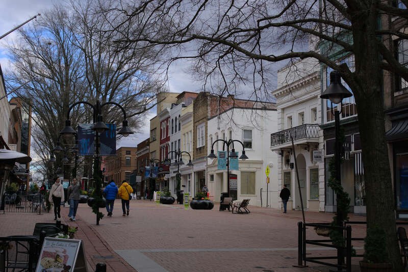 A view of the Charlottesville, Virginia downtown mall, facing east towards the Ting Pavilion, which can be seen in the background.