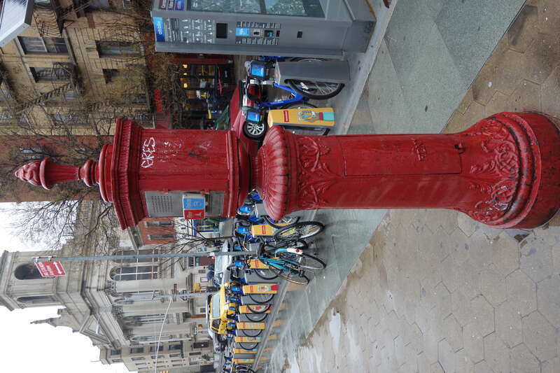 An FDNY call box in front of Father Demo Square at 6th Avenue and Carmine Street in Greenwich Village, Manhattan.