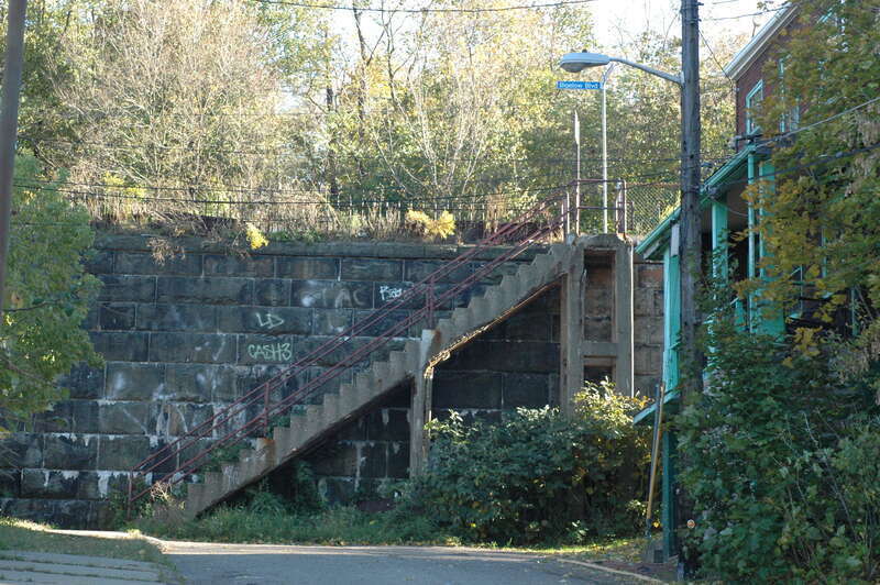 it's pretty fun, Harding Way in Polish Hill becomes a set of steps to come up to Bigelow Boulevard, which it then crosses and the steps continue up to the Hill District.

here is Harding Way heading up to meet Bigelow Blvd