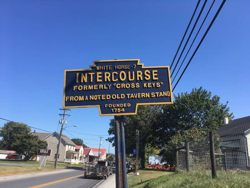 Keystone Marker for Intercourse, Pennsylvania, located on eastbound Pennsylvania Route 340 (Old Philadelphia Pike)
