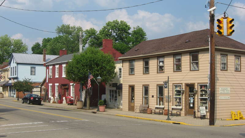 Buildings on the eastern side of Main Street near the Miami Street intersection in Waynesville, Ohio, United States.  This block is part of the Waynesville Main Street Historic District, a historic district that is listed on the National Register of