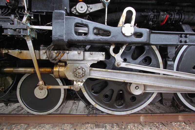 Union Pacific 844 is a 4-8-4 Berkshire locomotive built in 1944 by American Locomotive Company in Schenectady NY.  Unlike steam locomotives in museums, this working locomotive is greasy and drips oil.  It actually runs!  Steam locomotives are