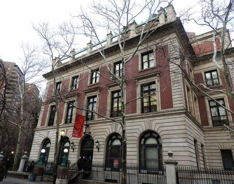 Seward Park Library, New York, looking northeast from street on a cloudy late afternoon