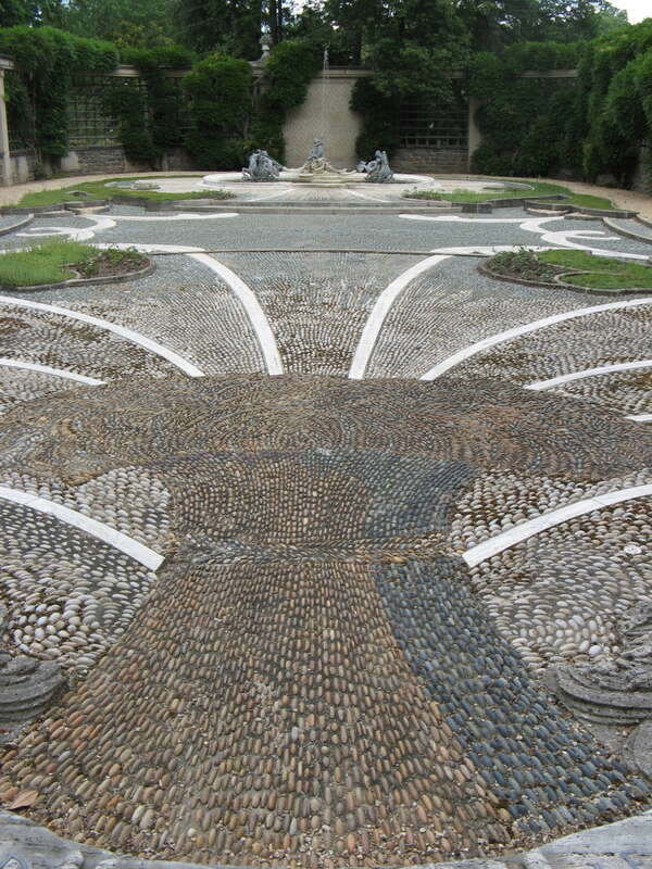 The Pebble Garden with fountain at Dumbarton Oaks.