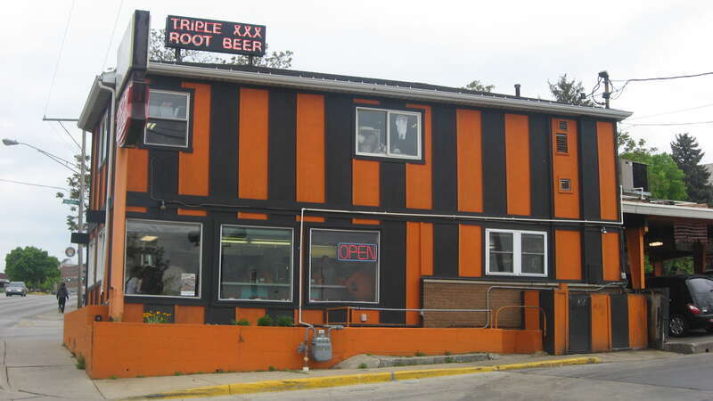 Front and eastern side of the Triple XXX Family Restaurant, located at 2 N. Salisbury Street in downtown West Lafayette, Indiana, United States.  It was built in 1922.  "Home of the Duane Purvis burger."
