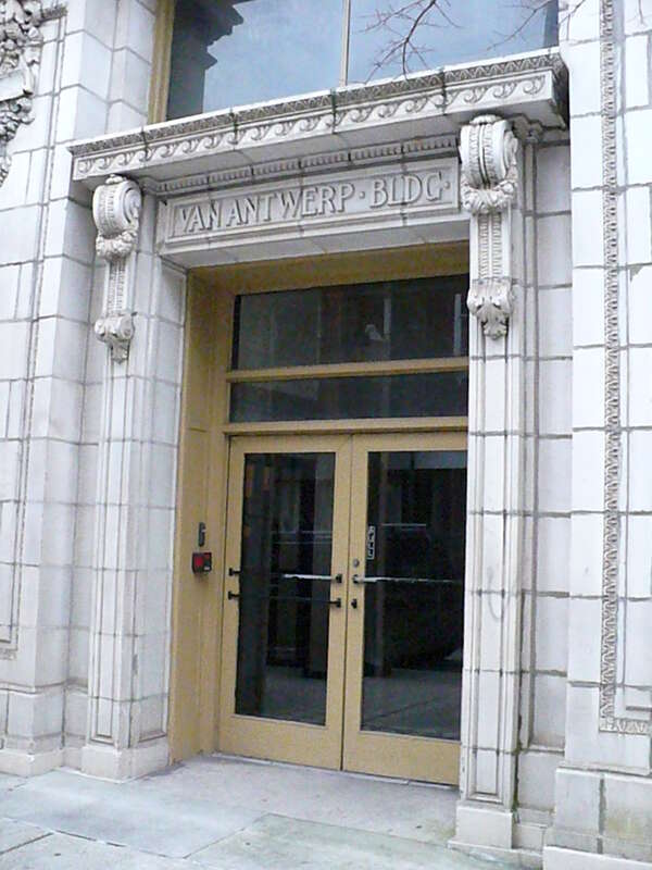 Van Antwerp Building, within the Lower Dauphin Street Historic District in Mobile, Alabama.  The first reinforced concrete building constructed in Mobile and at 11 stories was the earliest skyscraper in the city (c. 1906).