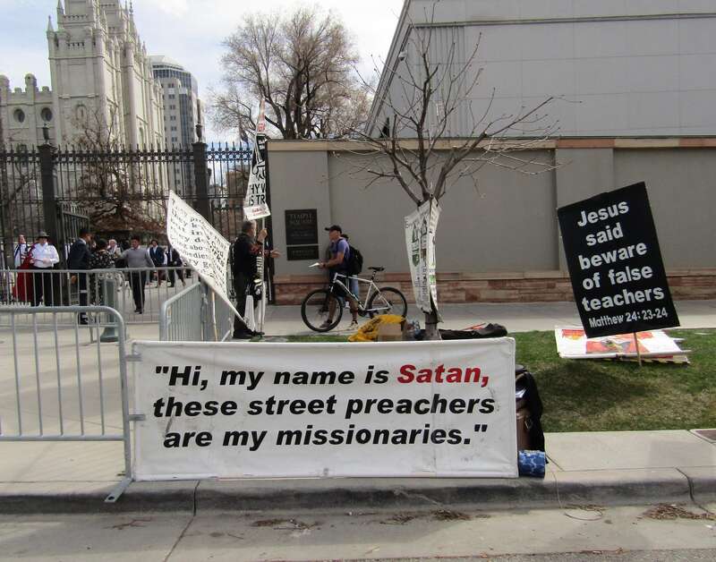 Anti-Mormon protest on the sidewalk of Temple Square during General Conference.