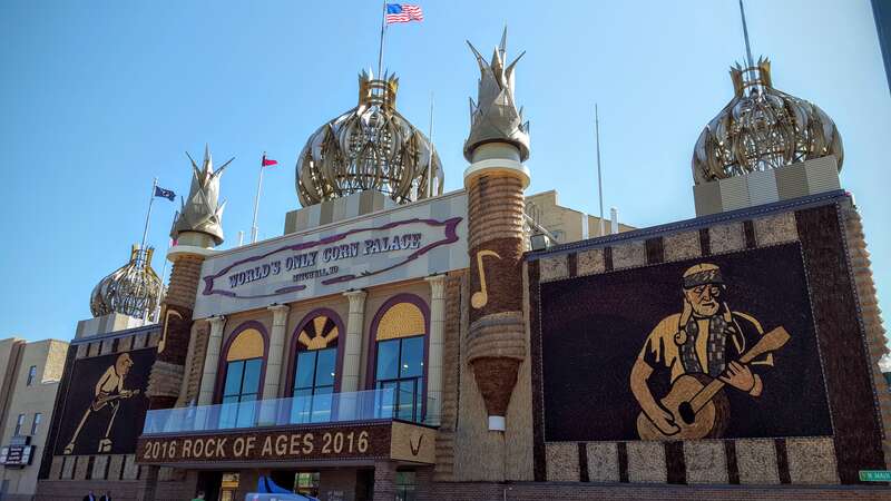 The Corn Palace in Mitchell, South Dakota in May 2016. The 2016 theme was "Rock of Ages," featuring musical artist Willie Nelson on the front facade.