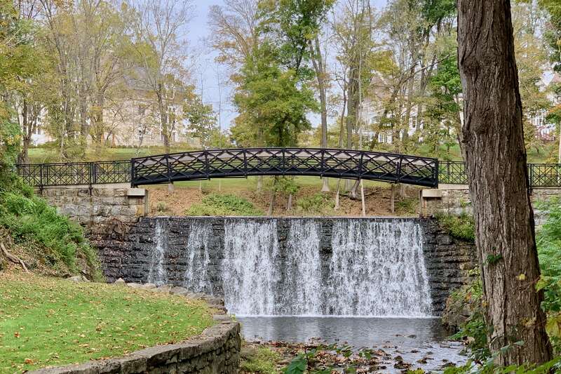 Footbridge and Dam for Blair Lake at the Blair Academy in Blairstown, New Jersey. Part of the Blairstown Historic District.