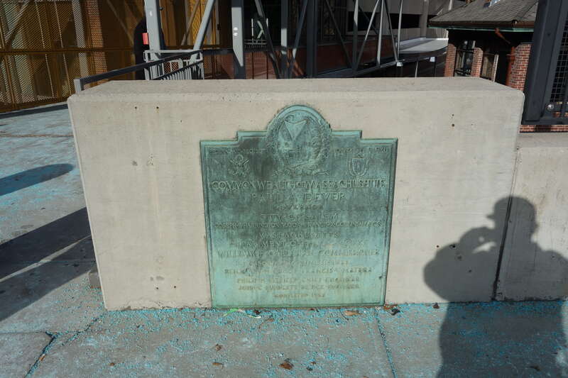 The 1952 plaque commemorating the original construction of the Bridge Street Overpass over the Newburyport/Rockport Line at Salem station, at Washington Street and Bridge Street at the north end of downtown Salem, Massachusetts.