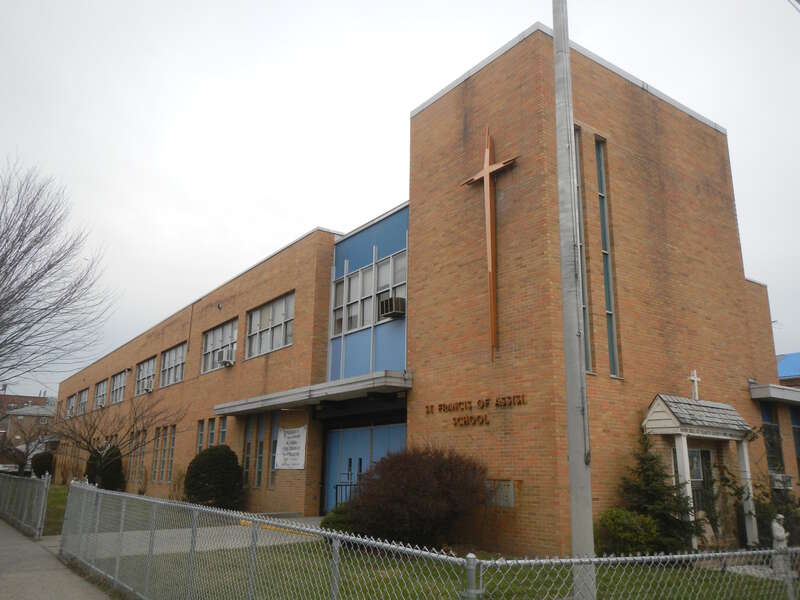 Looking north at Francis of Assisi school on a gloomy afternoon.