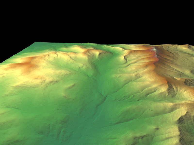 Franconia Notch, New Hampshire, rendered with USGS elevation data at 1/3 Arc Second (approx. 10m per point @ full size). Using custom software written with Python.