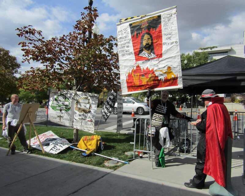 Protesters outside Temple Square during the October 2018 General Conference.