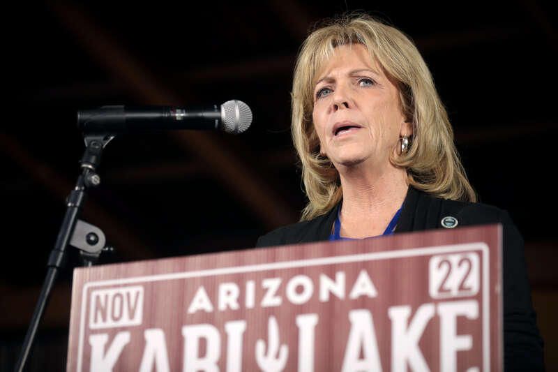 Mary Ann Mendoza speaking with supporters at a "Back the Blue" campaign rally at Frontier Town in Cave Creek, Arizona.

Please attribute to Gage Skidmore if used elsewhere.
