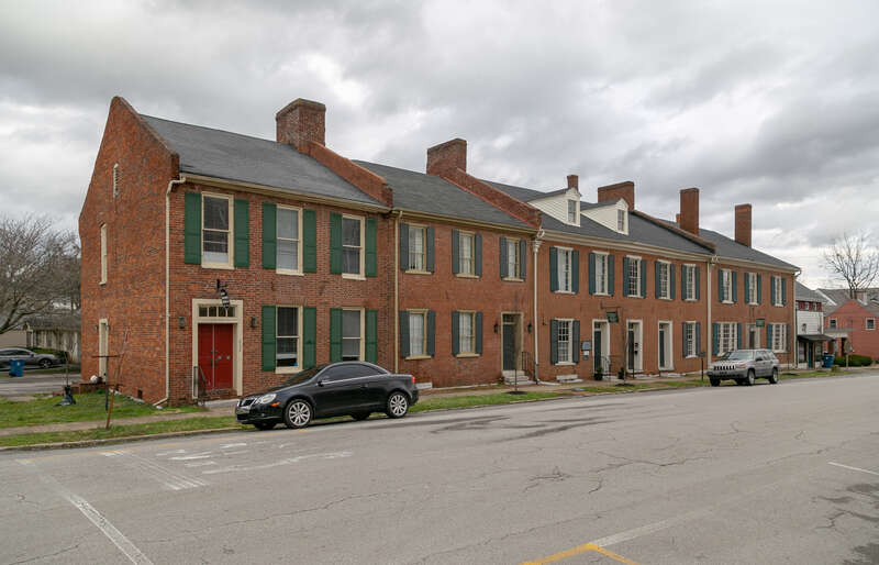 Front view of Morgan Row, built between 1805 and 1835 in Harrodsburg, Kentucky.