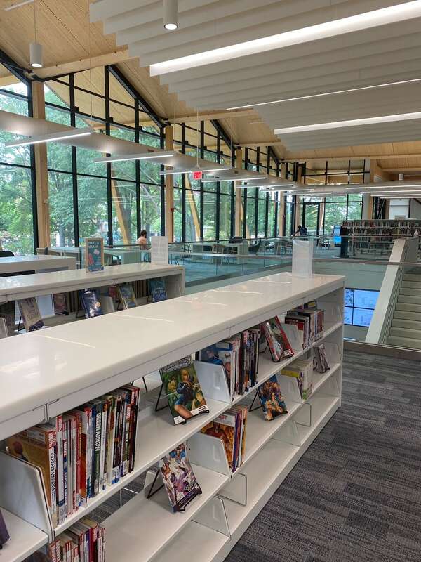 The interior of the newly renovated Southwest Neighborhood Library, part of the District of Columbia Public Library system, in July 2021.