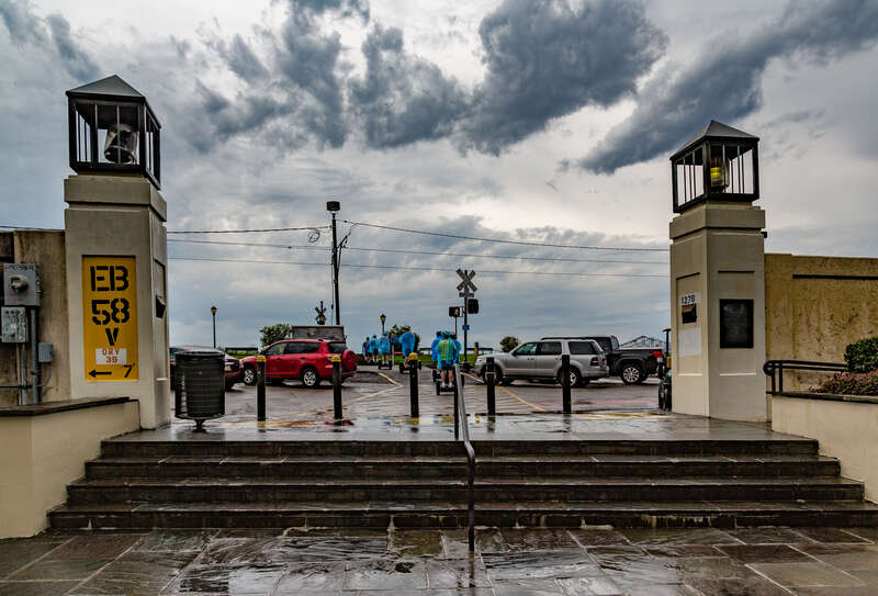 A flood wall near N. Peters St / Decatur Street and St. Philip Street in New Orleans, Louisiana, along the Mississippi River.