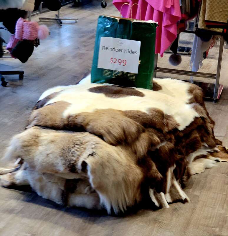 Reindeer hides for sale in Sitka, Alaska. Photo by Jim Heaphy.