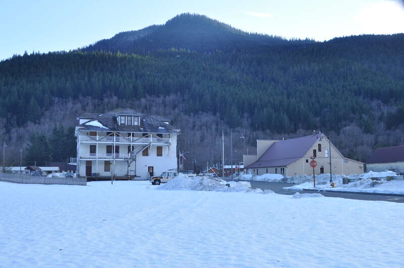 Rear view of Skykomish Hotel and Maloney's General Store, Skykomish Historic Commercial District, Skykomish, Washington, USA.