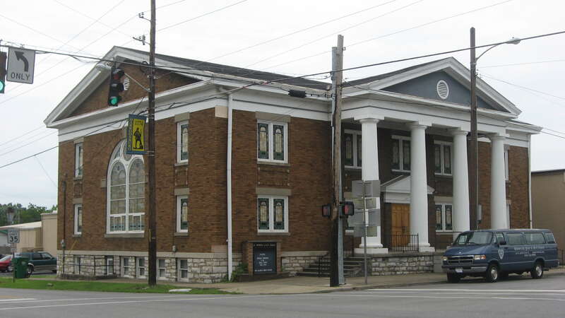 Front and western side of St. Peter's AME Church, located on the northeastern corner of the intersection of Lexington (U.S. Route 68) and College (U.S. Route 127) Streets in Harrodsburg, Kentucky, United States.  Built in 1917, it is listed on the