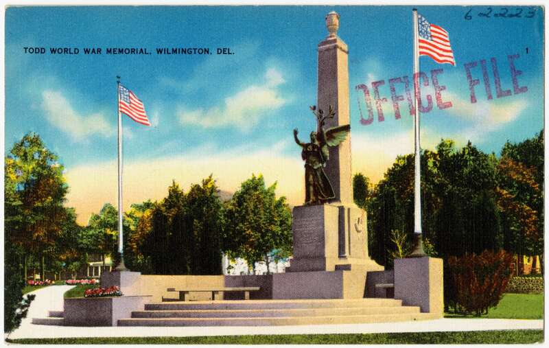 Title: Todd World War Memorial, Wilmington, Del.
Subjects: Monuments &amp;amp; memorials
Places: Delaware &amp;gt; New Castle (county) &amp;gt; Wilmington
Notes: Title from item.
Extent: 1 print (postcard) : linen texture, color ; 3 1/2 x 5 1/2 in.
Accession #: