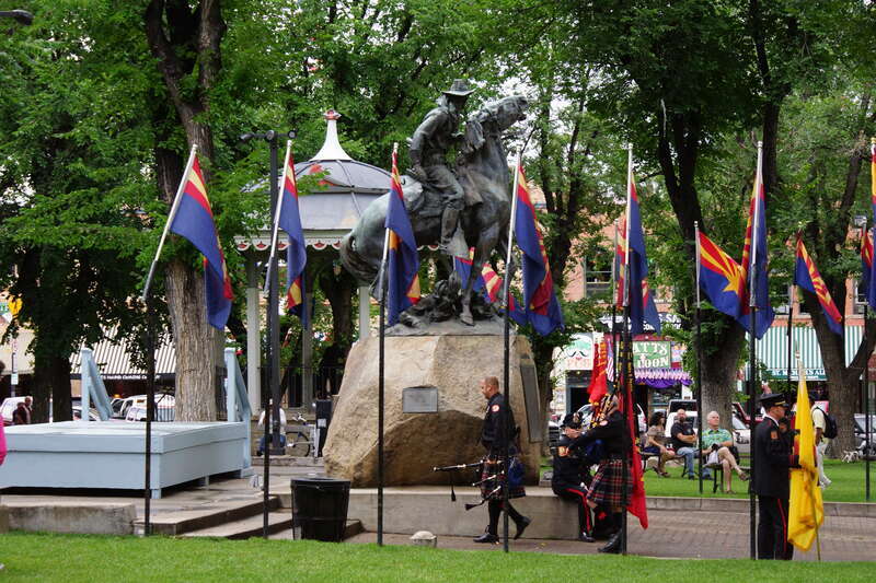 2013, View W, Prescott Courthouse Square, Bucky O'Neill Statue, Granite Mountain Hotshot Official Observances  Closing Ceremony