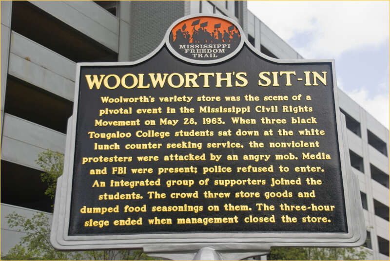 The plaque above was dedicated on Tuesday May 28, 2013, on the 50th anniversary of the sit-in in downtown Jackson, two blocks west of the Governor's Mansion.
The sit-in, on May 28, 1963, was part of the ongoing &quot;Jackson Movement&quot; to protest the