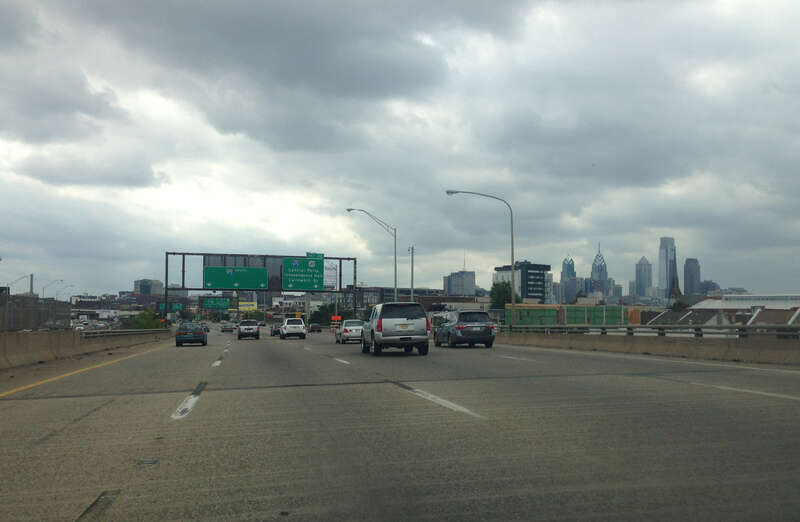View south along the Delaware Expressway (Interstate 95) about 22.5 miles north of the Delaware state line in Philadelphia, Pennsylvania