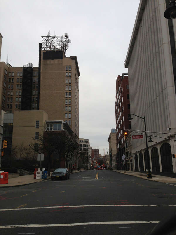 View east along West State Street at Barrack Street in Trenton, New Jersey