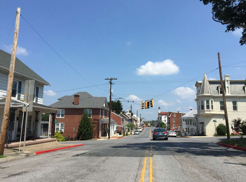 View north along Maryland State Route 63 and west along Maryland State Route 68 (Conococheague Street) between Frederick Street and Church Street in Williamsport, Washington County, Maryland