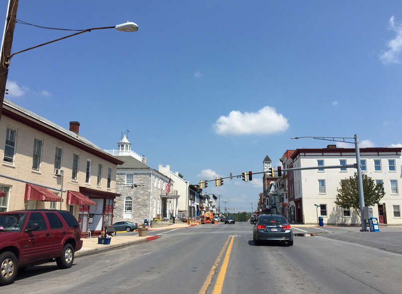View north along Maryland State Route 63 and west along Maryland State Route 68 (Conococheague Street) between Church Street and Salisbury Street in Williamsport, Washington County, Maryland