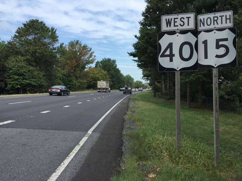 View north along U.S. Route 15 and west along U.S. Route 40 (Frederick Freeway) between Jefferson Street and Patrick Street in Frederick, Frederick County, Maryland