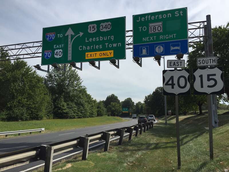 View south along U.S. Route 15 and east along U.S. Route 40 (Frederick Freeway) between Patrick Street and Jefferson Street in Frederick, Frederick County, Maryland