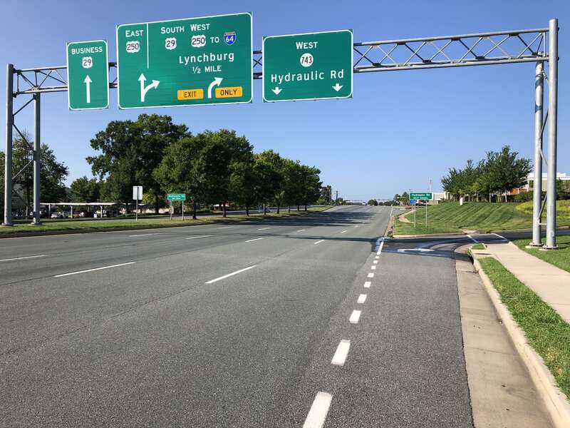 View south along U.S. Route 29 (Seminole Trail) just north of Virginia State Route 743 (Hydraulic Road) in Berkeley, Albemarle County, Virginia