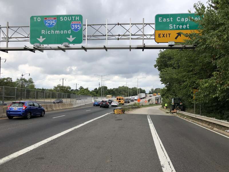 View south along District of Columbia Route 295 (Kenilworth Avenue Freeway) at the exit for East Capitol Street in Washington, D.C.