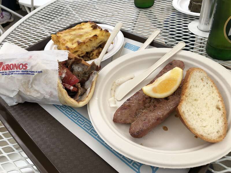 Pastitsio, a gyro and Loukaniko at the 2019 Marin Greek Festival in Novato, California